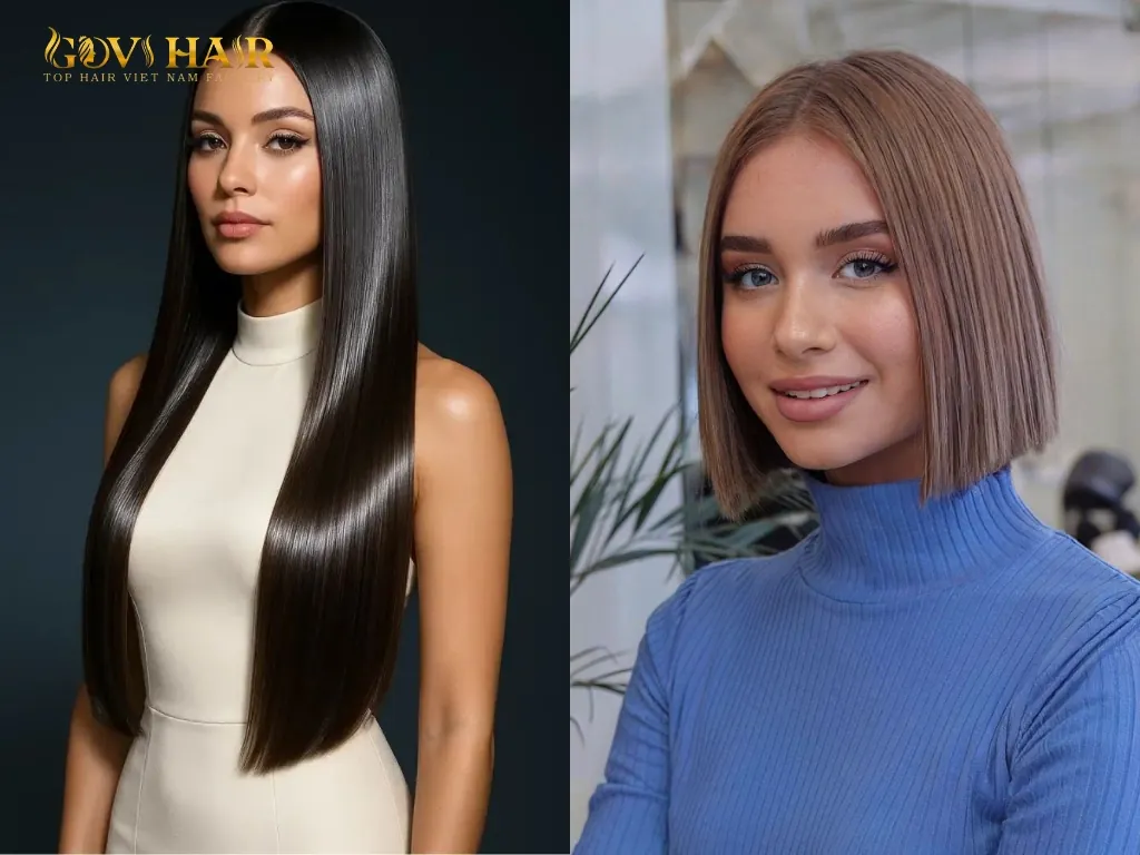 Extra long straight hair on oblong face shape showing how sleek styles can emphasize facial length
