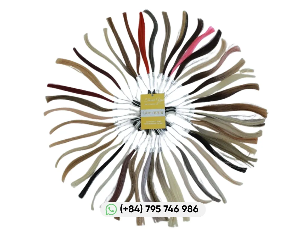 Govihair hair coloring swatch ring showing multiple natural and dyed hair shades for color selection