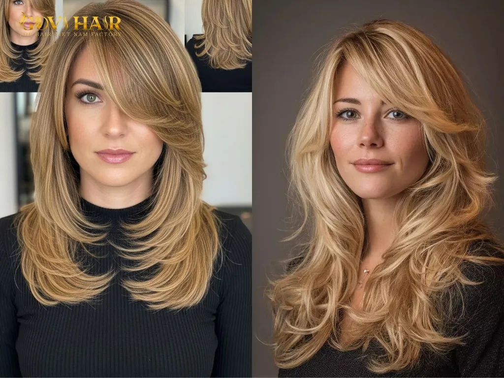 Layered blonde hairstyle with side swept bangs for oblong face shape adding softness and volume
