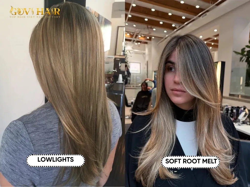 Sandy blonde hair color ideas including balayage lowlights and root melt style