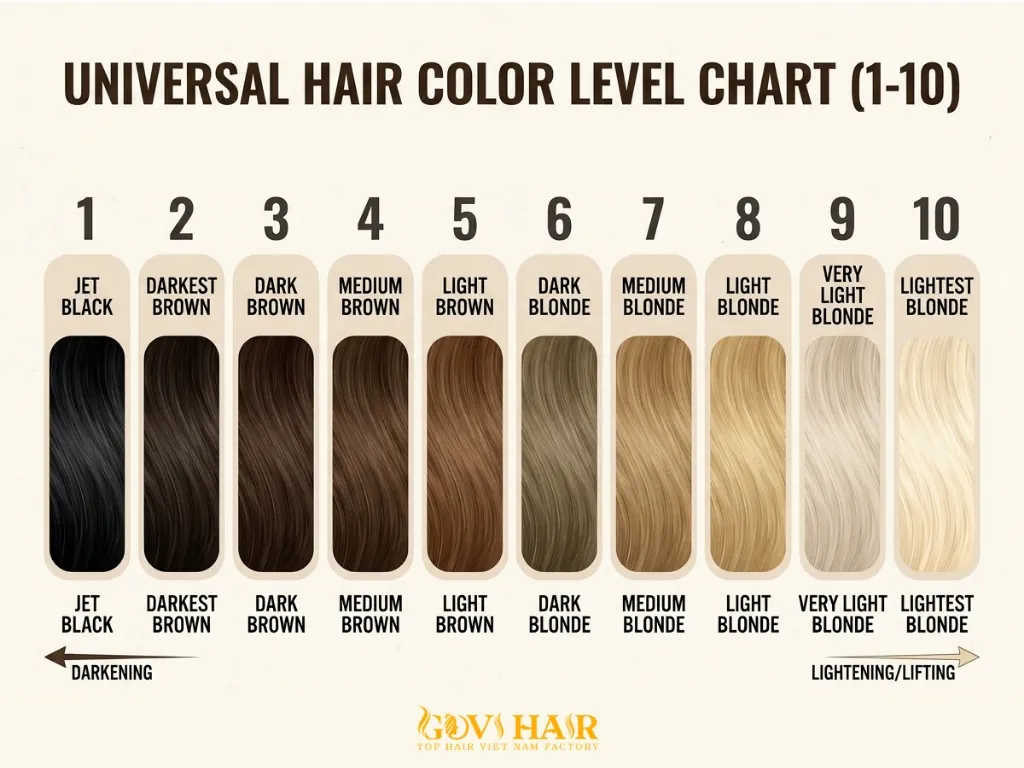 Hair color chart from level 1 to level 10.