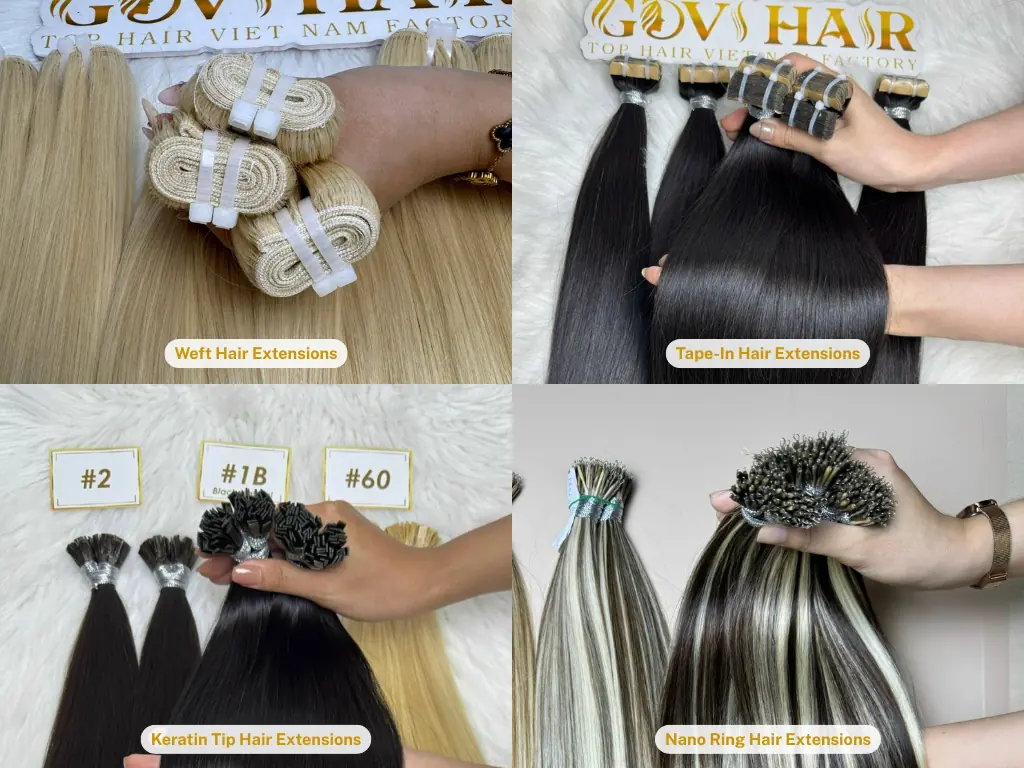 Comparison of Vietnamese hair extensions methods: weft, tape-in, keratin tip, and nano ring