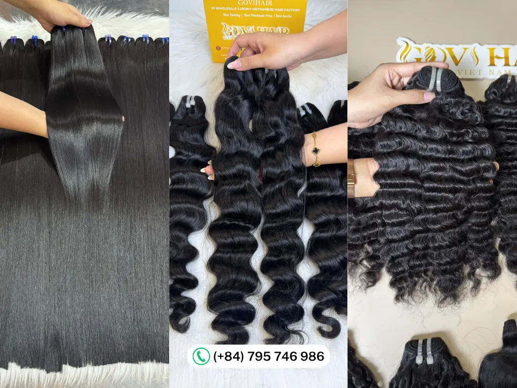 Machine weft hair extensions in straight wave curly textures