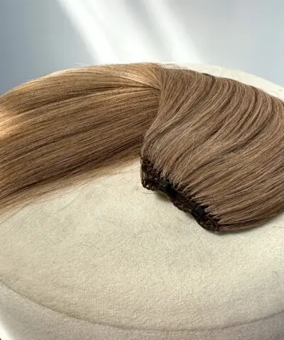 Bone straight light brown hair extensions feather weft