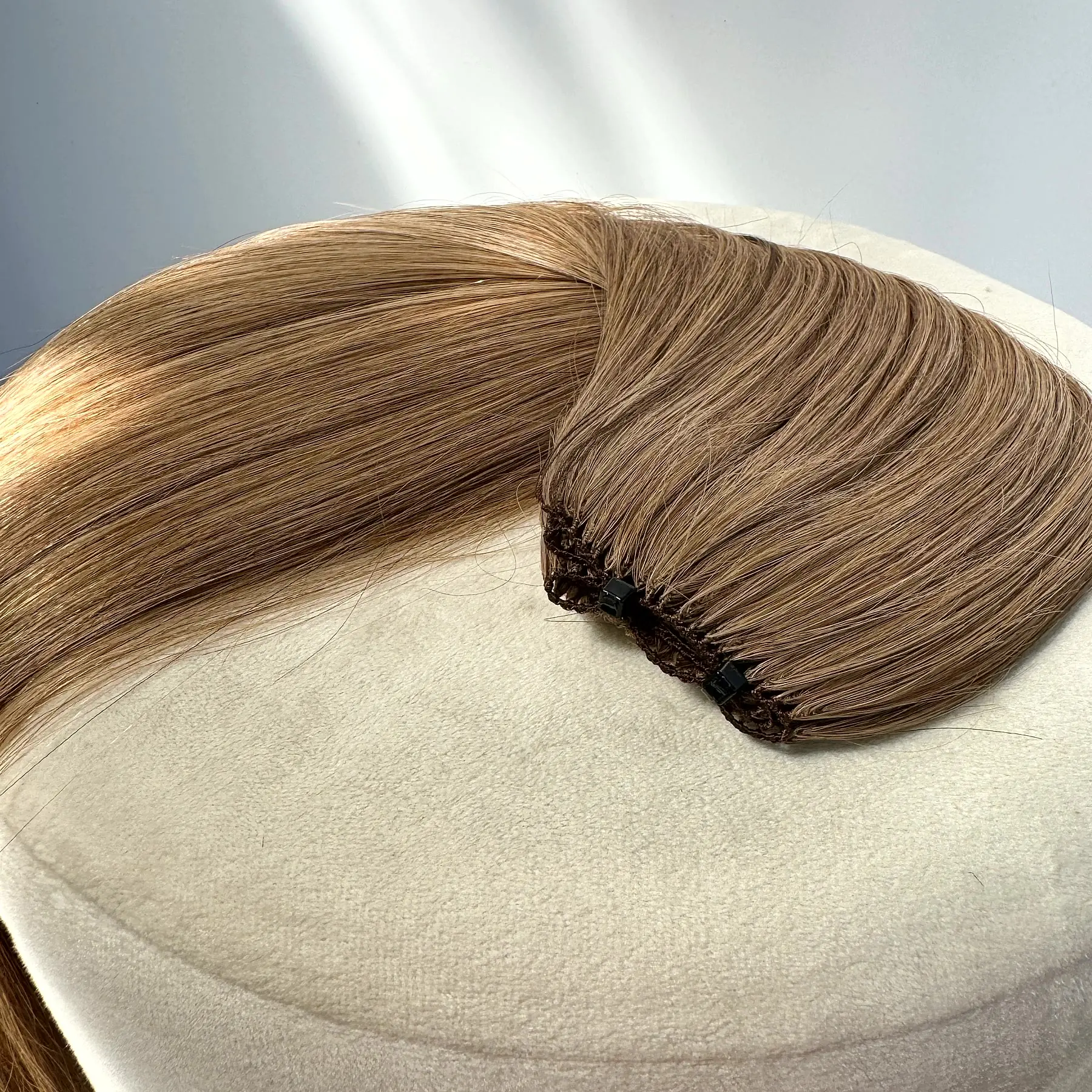 Bone straight light brown hair extensions feather weft