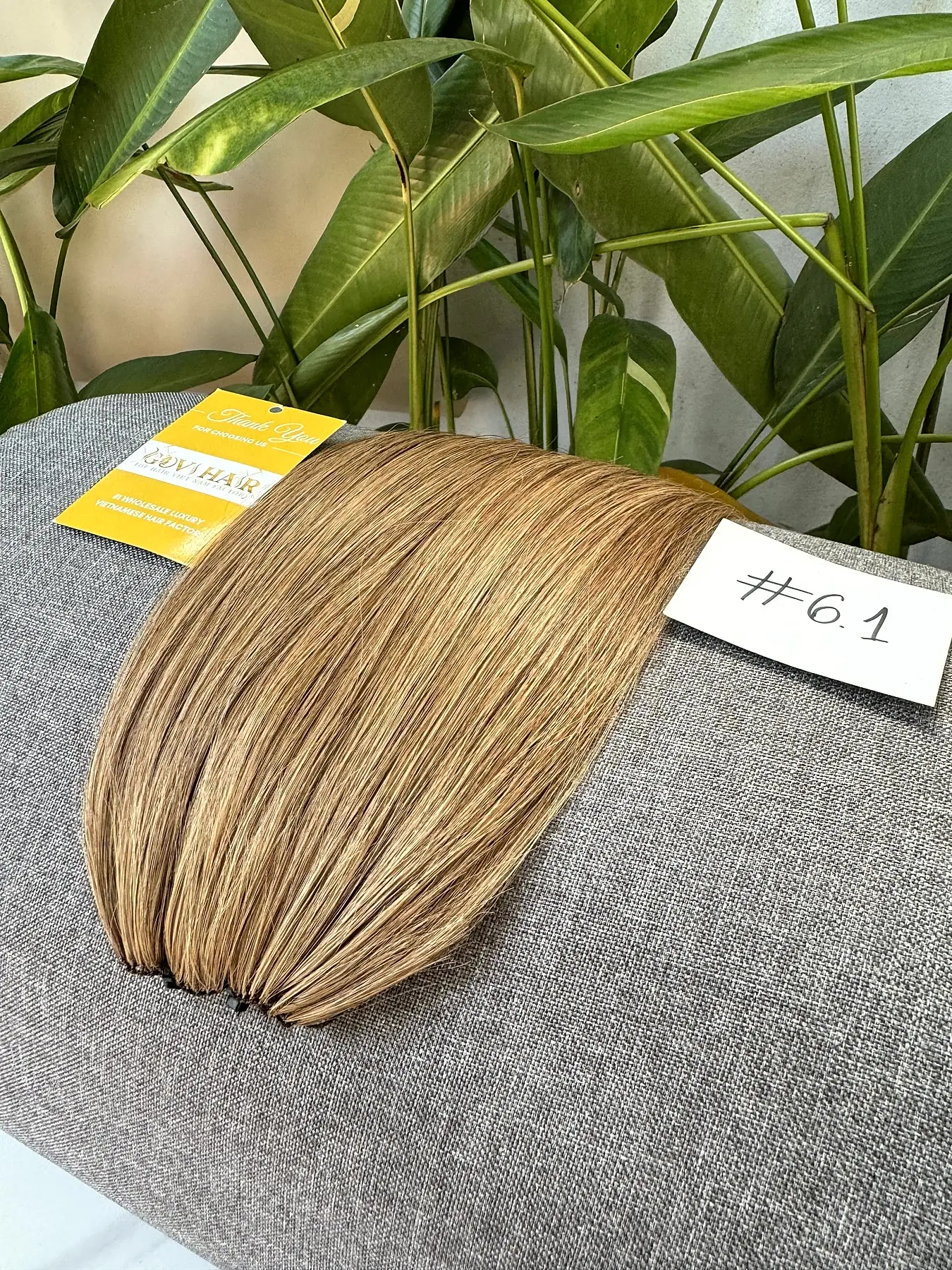 Light brown hair extensions with #6.1 label